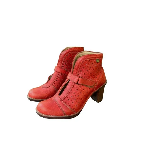 El Naturalista Spain Perforated Nubuck Leather Booties Ankle Boots Coral  Red,